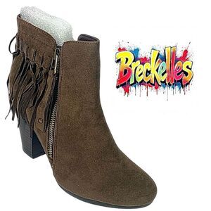 Breckelles Women’s Faux Suede Brown Fringed Ankle Bootie 7.5 M Stacked Heel